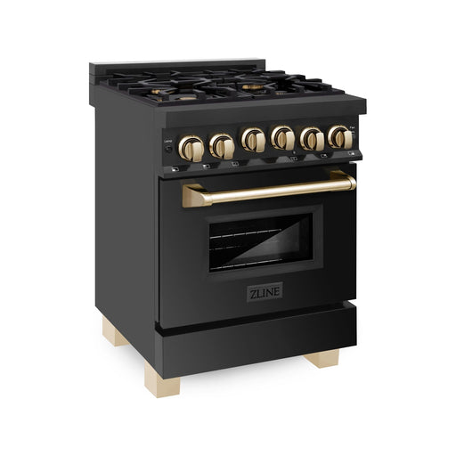 ZLINE 24 Inch Autograph Edition Gas Range in Black Stainless Steel with Gold Accents, RGBZ-24-G