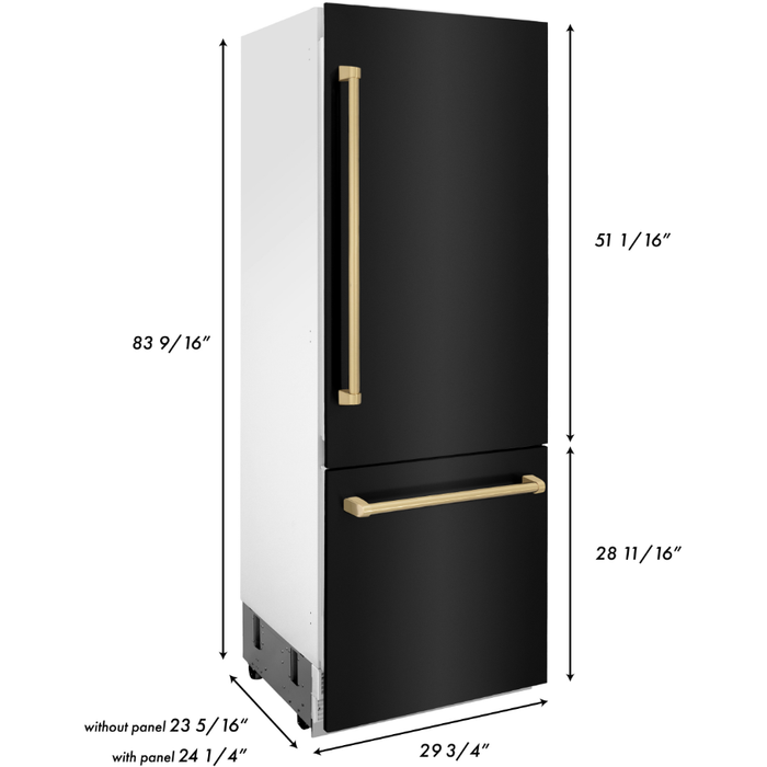 ZLINE 30" Autograph 16.1 cu. ft. Built-in Refrigerator with Internal Water and Ice Dispenser in Black Stainless Steel with Champagne Bronze Accents, RBIVZ-BS-30-CB