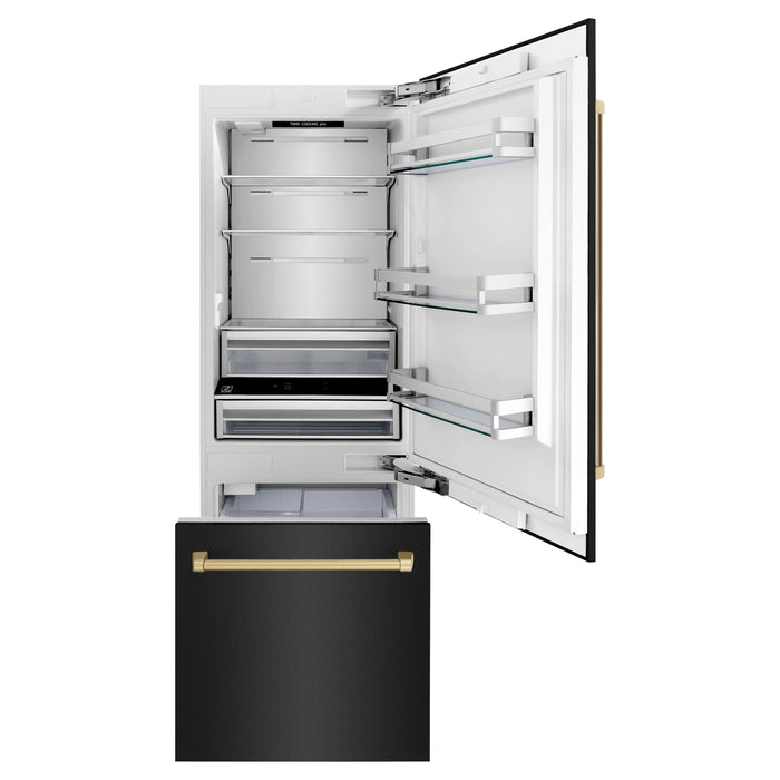 ZLINE 30" Autograph 16.1 cu. ft. Built-in Refrigerator with Internal Water and Ice Dispenser in Black Stainless Steel with Champagne Bronze Accents, RBIVZ-BS-30-CB