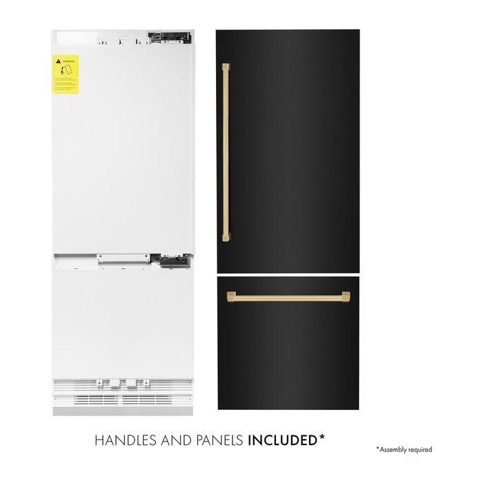 ZLINE 30" Autograph 16.1 cu. ft. Built-in Refrigerator with Internal Water and Ice Dispenser in Black Stainless Steel with Gold Accents, RBIVZ-BS-30-G