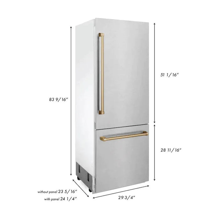 ZLINE 30" Autograph 16.1 cu. ft. Built-In Refrigerator with Internal Water and Ice Dispenser in Fingerprint Resistant Stainless Steel with Champagne Bronze Accents, RBIVZ-SN-30-CB