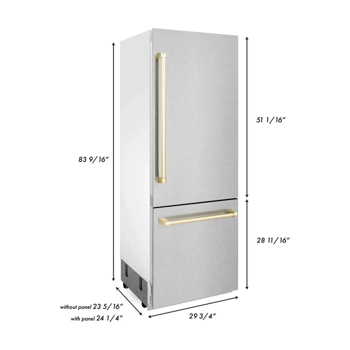 ZLINE 30" Autograph 16.1 cu. ft. Built-In Refrigerator with Internal Water and Ice Dispenser in Fingerprint Resistant Stainless Steel with Gold Accents, RBIVZ-SN-30-G