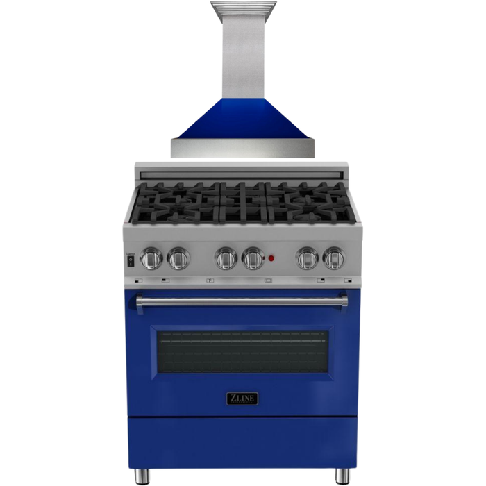 ZLINE 30" Dual Fuel Range in DuraSnow with Blue Gloss Door & 30" Range Hood Appliance Package 2KP-RASBGRH30