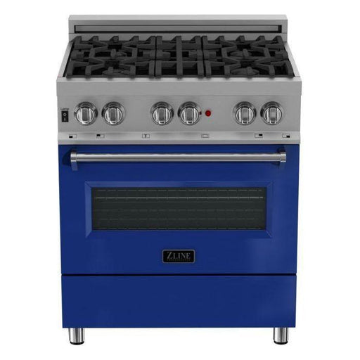 ZLINE 30" Dual Fuel Range in DuraSnow with Blue Gloss Door & 30" Range Hood Appliance Package 2KP-RASBGRH30