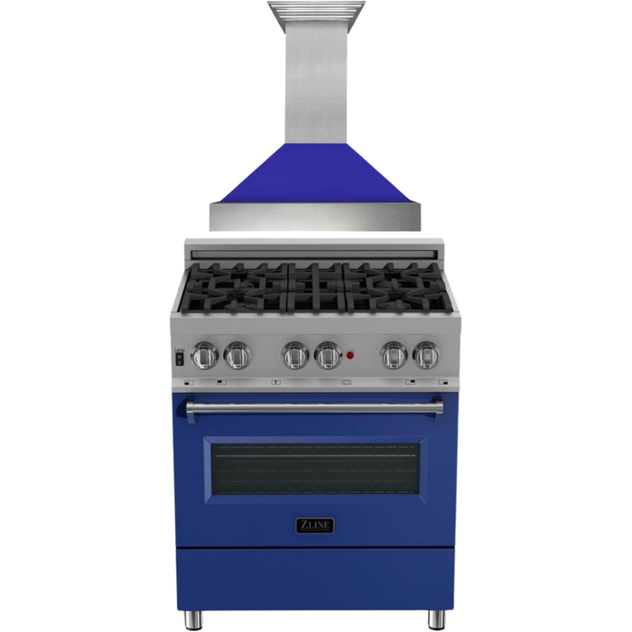 ZLINE 30" Dual Fuel Range In DuraSnow with Blue Matte Door and 30" Range Hood Appliance Package 2KP-RASBMRH30