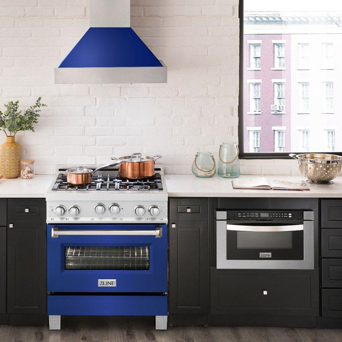 ZLINE 30" Dual Fuel Range In DuraSnow with Blue Matte Door and 30" Range Hood Appliance Package 2KP-RASBMRH30