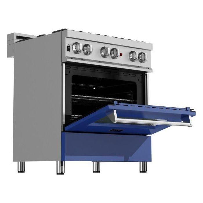 ZLINE 30" Dual Fuel Range In DuraSnow with Blue Matte Door and 30" Range Hood Appliance Package 2KP-RASBMRH30