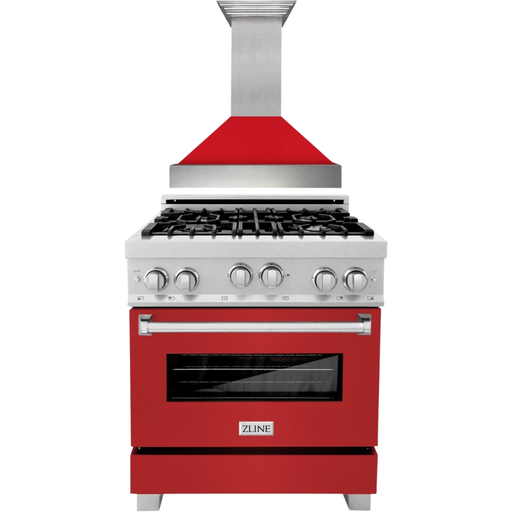 ZLINE 30" Dual Fuel Range In DuraSnow with Red Matte Door and 30" Range Hood Appliance Package 2KP-RASRMRH30