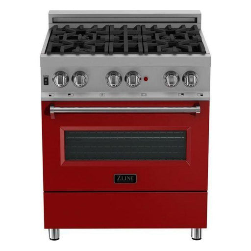 ZLINE 30" Dual Fuel Range In DuraSnow with Red Matte Door and 30" Range Hood Appliance Package 2KP-RASRMRH30