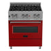 ZLINE 30" Dual Fuel Range In DuraSnow with Red Matte Door and 30" Range Hood Appliance Package 2KP-RASRMRH30