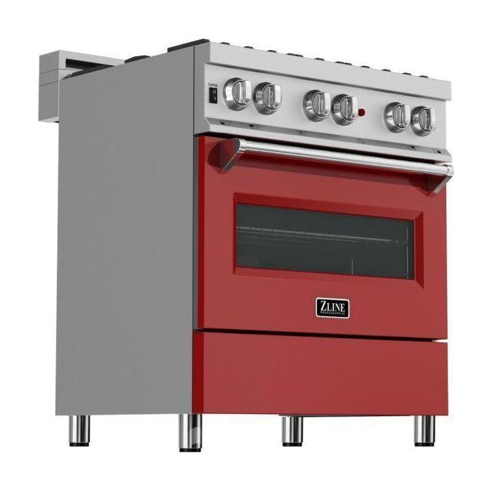 ZLINE 30" Dual Fuel Range In DuraSnow with Red Matte Door and 30" Range Hood Appliance Package 2KP-RASRMRH30