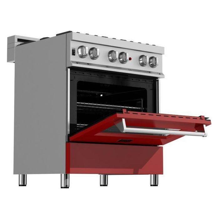 ZLINE 30" Dual Fuel Range In DuraSnow with Red Matte Door and 30" Range Hood Appliance Package 2KP-RASRMRH30