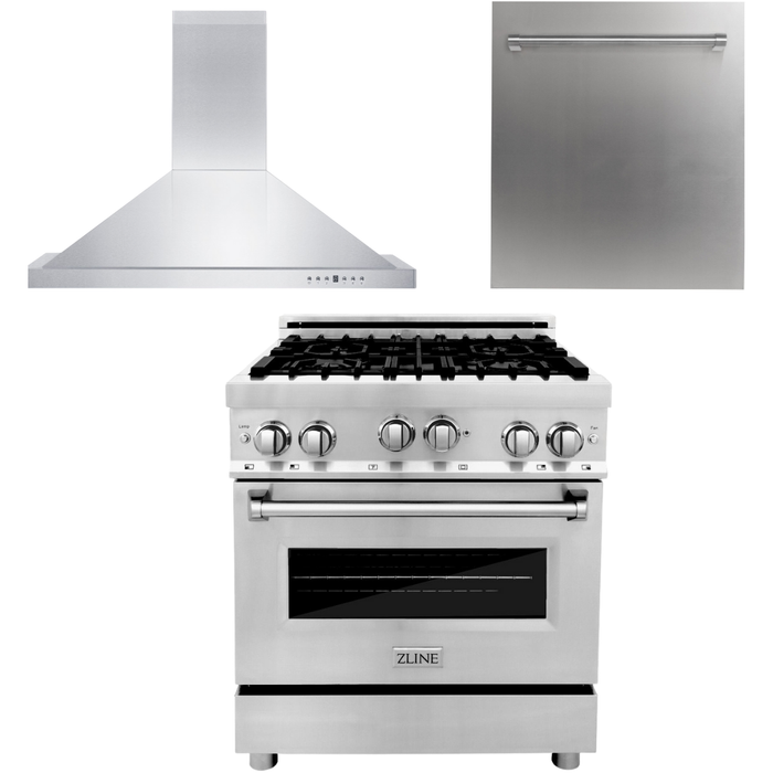 ZLINE 30 Gas Range, 30 Range Hood and Dishwasher Appliance Package