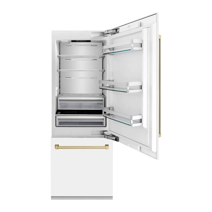 ZLINE 30 In. 16.1 cu. ft. Built-In Refrigerator with Internal Water and Ice Dispenser in White Matte with Champagne Bronze Accents, RBIVZ-WM-30-CB