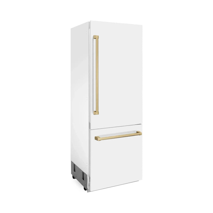 ZLINE 30 In. 16.1 cu. ft. Built-In Refrigerator with Internal Water and Ice Dispenser in White Matte with Champagne Bronze Accents, RBIVZ-WM-30-CB