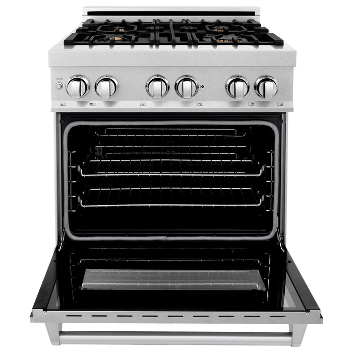 ZLINE 30 In. 4.0 cu. ft. Gas Burner, Electric Oven with Griddle and Brass Burners in DuraSnow® Stainless Steel, RAS-SN-BR-GR-30