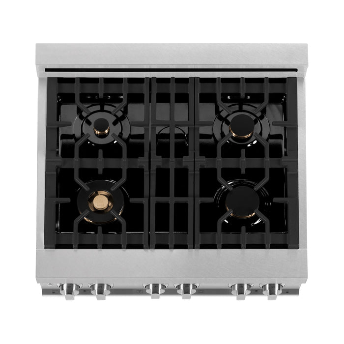 ZLINE 30 In. 4.0 cu. ft. Gas Burner, Electric Oven with Griddle and Brass Burners in DuraSnow® Stainless Steel, RAS-SN-BR-GR-30