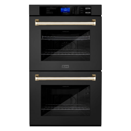 ZLINE 30 In. Autograph Edition Double Wall Oven with Self Clean and True Convection in Black Stainless Steel and Gold, AWDZ-30-BS-G