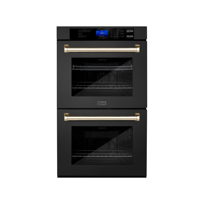 ZLINE 30 In. Autograph Edition Double Wall Oven with Self Clean and True Convection in Black Stainless Steel and Gold, AWDZ-30-BS-G