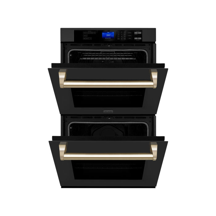 ZLINE 30 In. Autograph Edition Double Wall Oven with Self Clean and True Convection in Black Stainless Steel and Gold, AWDZ-30-BS-G