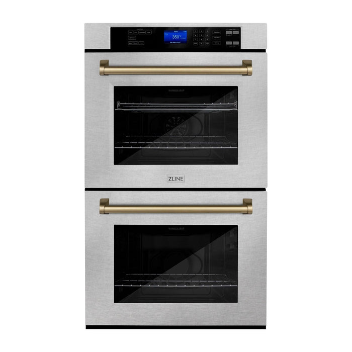 ZLINE 30 In. Autograph Edition Double Wall Oven with Self Clean and True Convection in DuraSnow® Stainless Steel and Champagne Bronze, AWDSZ-30-CB