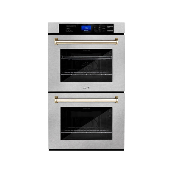 ZLINE 30 In. Autograph Edition Double Wall Oven with Self Clean and True Convection in DuraSnow® Stainless Steel and Gold, AWDSZ-30-G