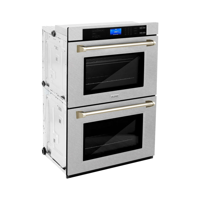 ZLINE 30 In. Autograph Edition Double Wall Oven with Self Clean and True Convection in DuraSnow® Stainless Steel and Gold, AWDSZ-30-G