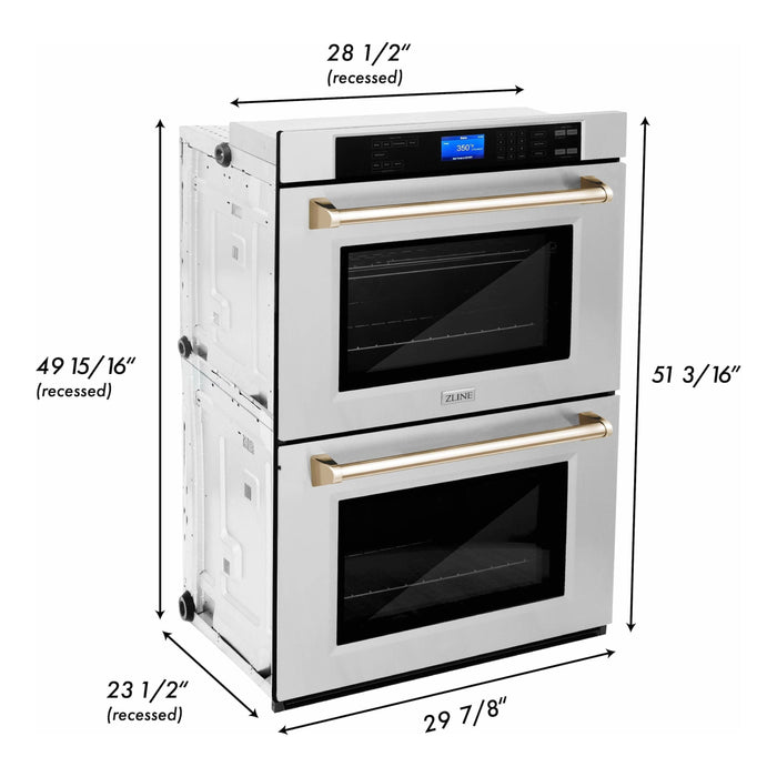 ZLINE 30 In. Autograph Edition Double Wall Oven with Self Clean and True Convection in Stainless Steel and Gold, AWDZ-30-G