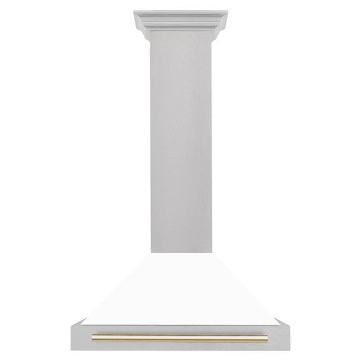 ZLINE 30 In Autograph Edition DuraSnow® Stainless Steel Range Hood with White Matte Shell and Gold Handle, KB4SNZ-WM30-G