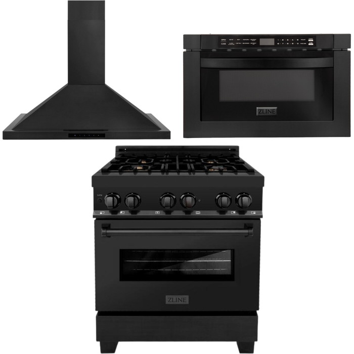 ZLINE 30 in. Black Stainless Steel Dual Fuel Range, Convertible Vent Range Hood and Microwave Drawer Kitchen Appliance Package 3KP-RABRH30-MW