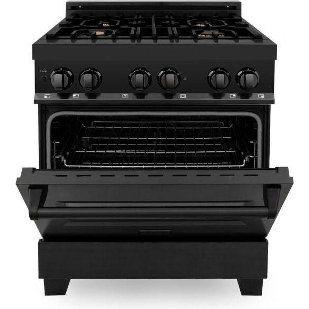 ZLINE 30 in. Black Stainless Steel Dual Fuel Range, Convertible Vent Range Hood and Microwave Drawer Kitchen Appliance Package 3KP-RABRH30-MW