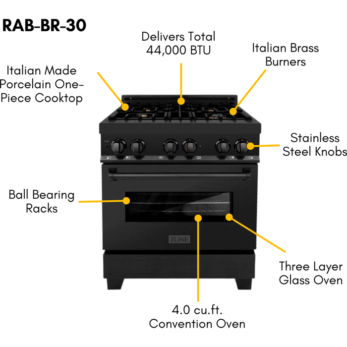 ZLINE 30 in. Black Stainless Steel Dual Fuel Range, Convertible Vent Range Hood and Microwave Drawer Kitchen Appliance Package 3KP-RABRH30-MW