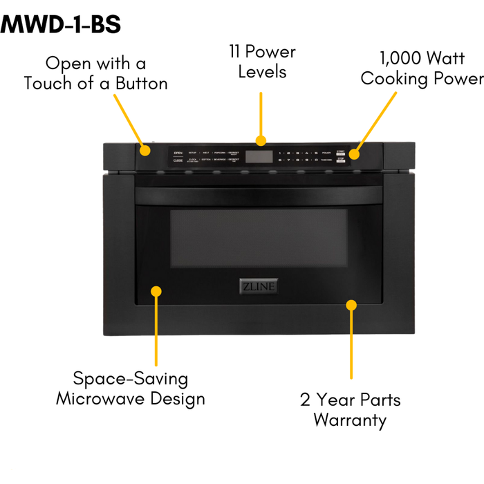 ZLINE 30 in. Black Stainless Steel Dual Fuel Range, Convertible Vent Range Hood and Microwave Drawer Kitchen Appliance Package 3KP-RABRH30-MW