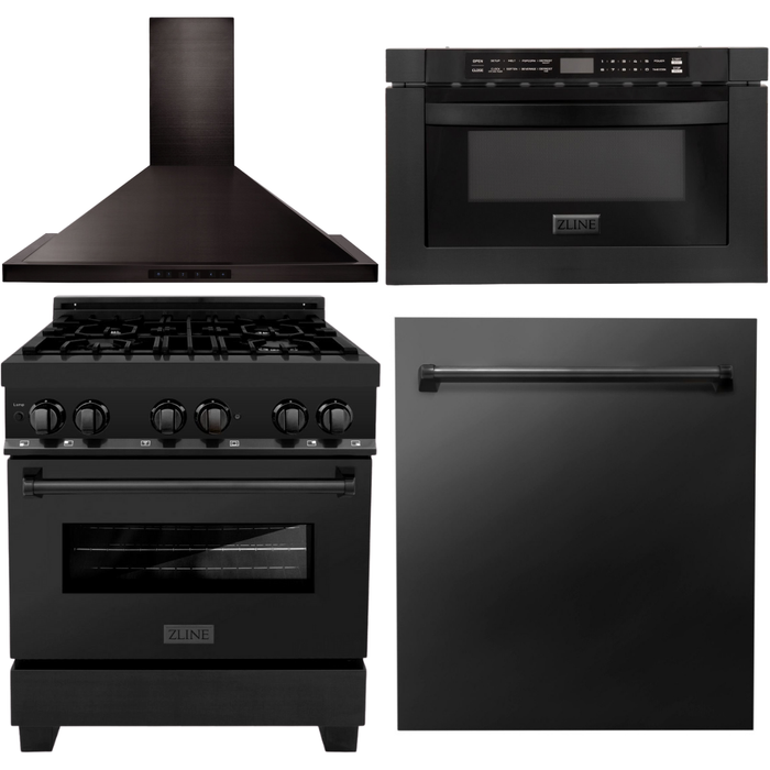 ZLINE 30 in. Black Stainless Steel Dual Fuel Range, Range Hood, Microwave and Dishwasher Appliance Package