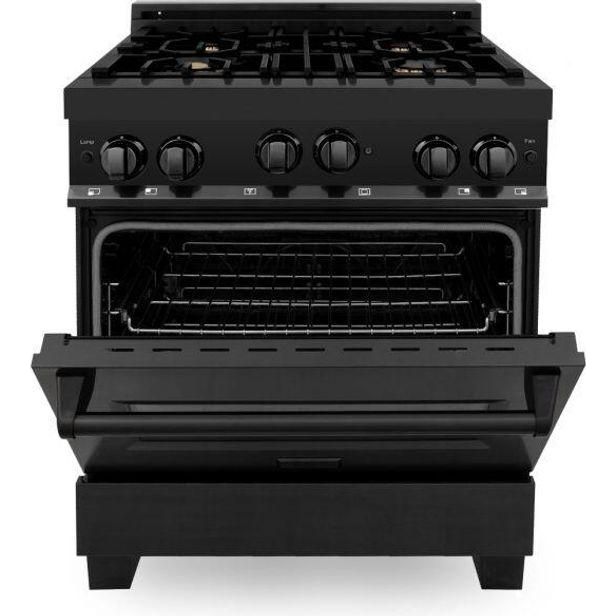 ZLINE 30 in. Black Stainless Steel Gas Range, Convertible Vent Range Hood and Microwave Drawer Kitchen Appliance Package 3KP-RGBRH30-MW