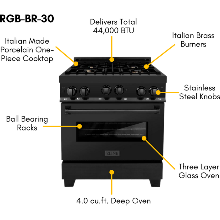 ZLINE 30 in. Black Stainless Steel Gas Range, Convertible Vent Range Hood and Microwave Drawer Kitchen Appliance Package 3KP-RGBRH30-MW