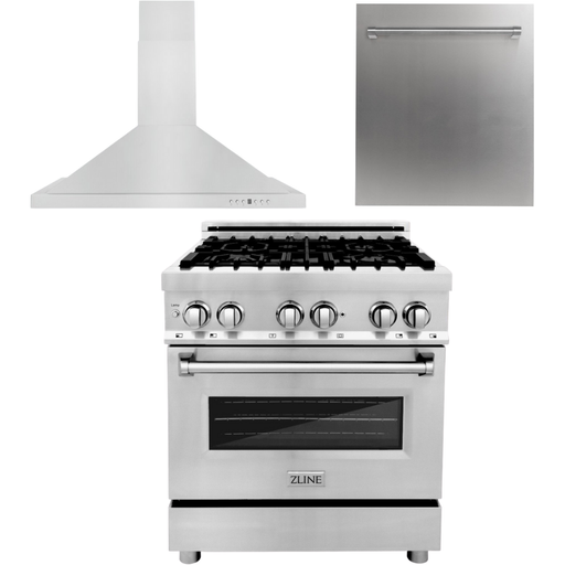 ZLINE 30 in. Dual Fuel Range, 30 in. Range Hood and Dishwasher Appliance Package 3KP-RARH30-DW