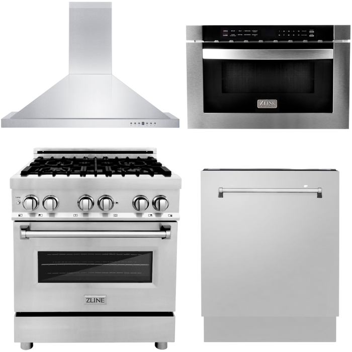 ZLINE 30 in. Dual Fuel Range, 30 in. Range Hood, Microwave Drawer and 3 Rack Dishwasher Appliance Package