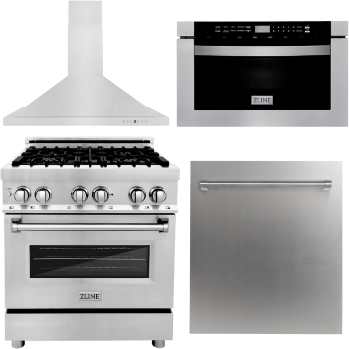 ZLINE 30 in. Dual Fuel Range, 30 in. Range Hood, Microwave Drawer and Dishwasher Appliance Package 4KP-RARH30-MWDW