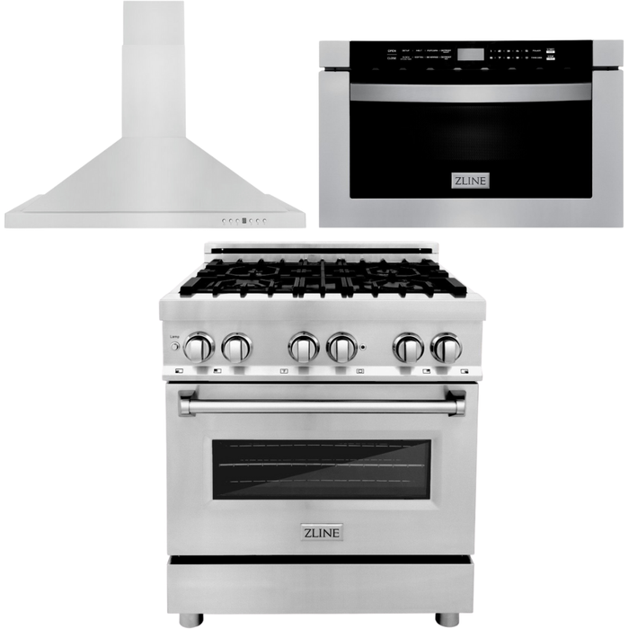 ZLINE 30 in. Dual Fuel Range, 30 in. Range Hood, Microwave Drawer Appliance Package 3KP-RARH30-MW