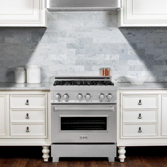 ZLINE 30 in. Dual Fuel Range and Range Hood In DuraSnow Stainless Steel Appliance Package 2KP-RASSNRH30