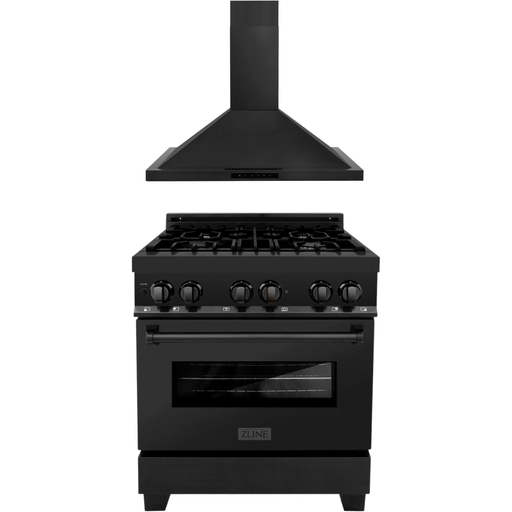 ZLINE 30 in. Dual Fuel Range In Black Stainless Steel & 30 in. Range Hood Appliance Package Appliance Package 2KP-RABRH30