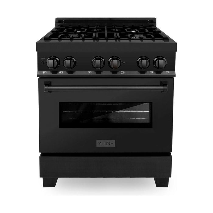 ZLINE 30 in. Dual Fuel Range In Black Stainless Steel & 30 in. Range Hood Appliance Package Appliance Package 2KP-RABRH30