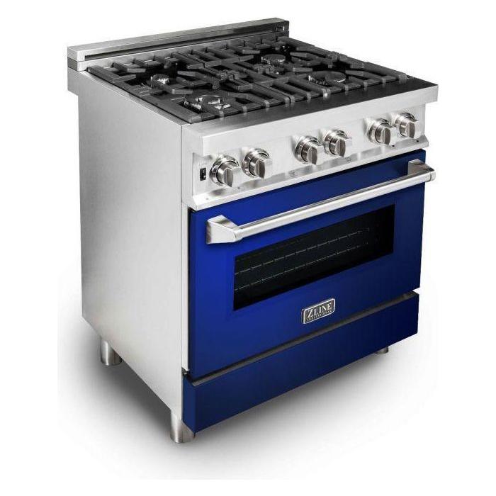 ZLINE 30 in. Dual Fuel Range In Blue Gloss and 30 in. Range Hood Appliance Package 2KP-RABGRH30