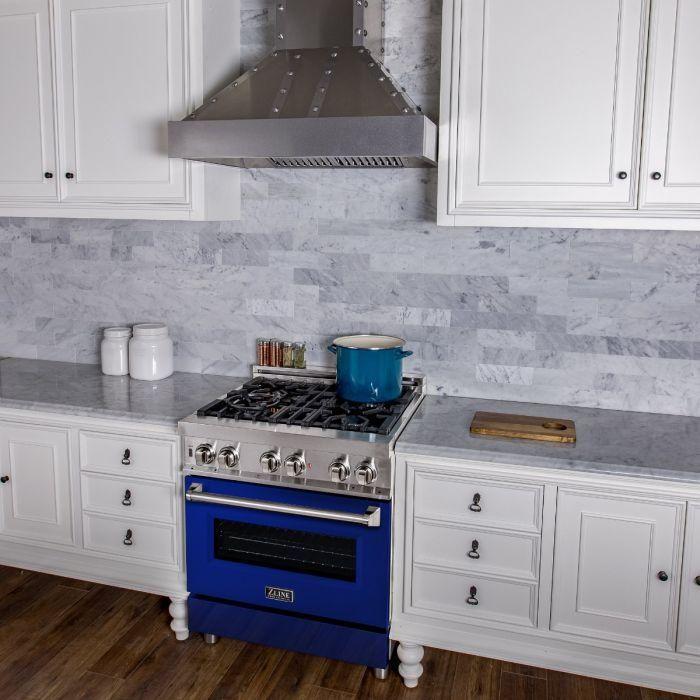 ZLINE 30 in. Dual Fuel Range In Blue Gloss and 30 in. Range Hood Appliance Package 2KP-RABGRH30