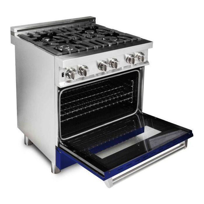 ZLINE 30 in. Dual Fuel Range In Blue Gloss and 30 in. Range Hood Appliance Package 2KP-RABGRH30