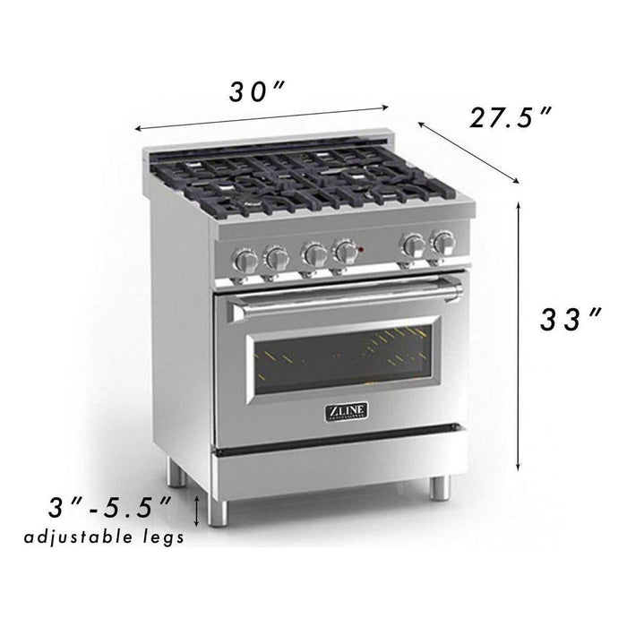 ZLINE 30 in. Dual Fuel Range In Blue Gloss and 30 in. Range Hood Appliance Package 2KP-RABGRH30