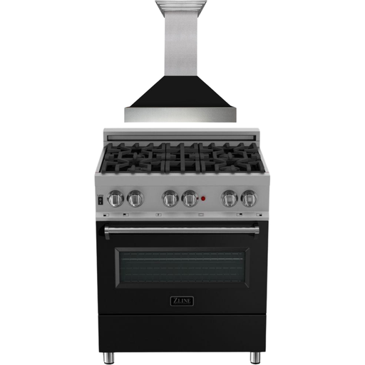 ZLINE 30 in. Dual Fuel Range in DuraSnow with Black Matte Door and 30 in. Range Hood Appliance Package 2KP-RASBLMRH30