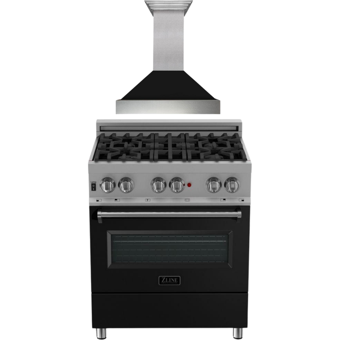 ZLINE 30 in. Dual Fuel Range in DuraSnow with Black Matte Door and 30 in. Range Hood Appliance Package 2KP-RASBLMRH30