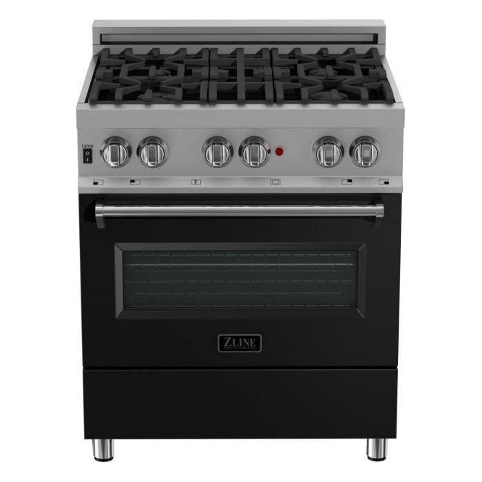 ZLINE 30 in. Dual Fuel Range in DuraSnow with Black Matte Door and 30 in. Range Hood Appliance Package 2KP-RASBLMRH30